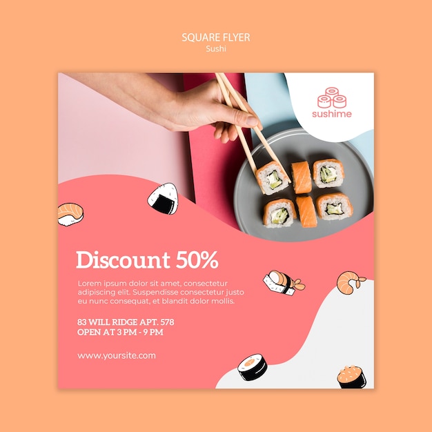 Free PSD sushi square flyer with discount