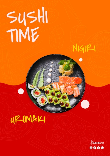 Free PSD sushi time, nigiri and uramaki recipe with raw fish for asian japanese restaurant