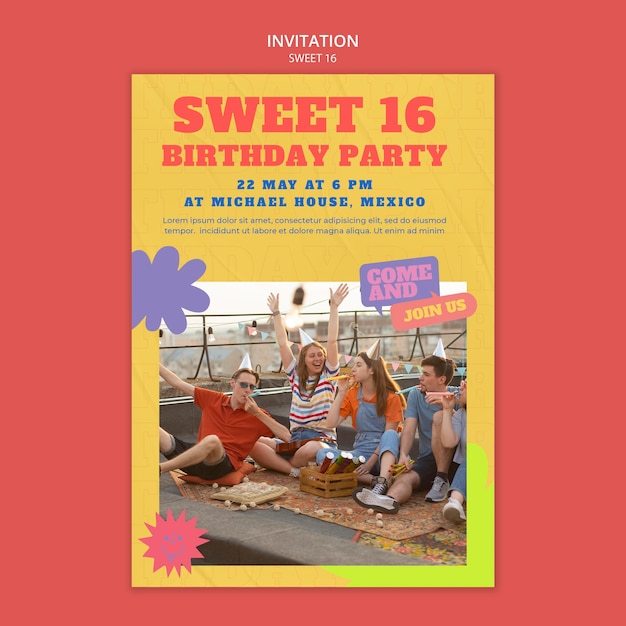 Бесплатный PSD Шаблон приглашения на празднование sweet 16