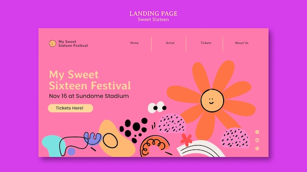 Free PSD sweet 16 celebration landing page template