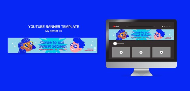 無料PSD スウィート16のお祝いのyoutubeバナーテンプレート