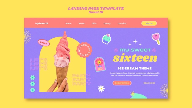 無料PSD アイスクリームをテーマにしたsweet16ランディングページテンプレート