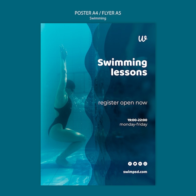 PSD gratuito modello del manifesto di lezioni di nuoto con foto