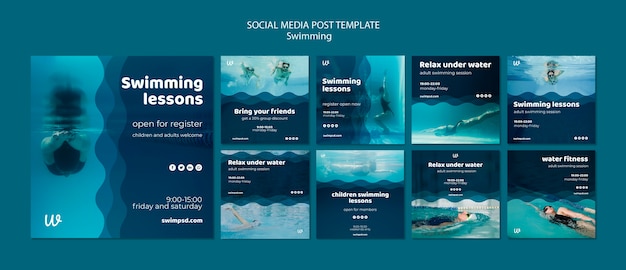 Free PSD swimming lessons social media posts templates