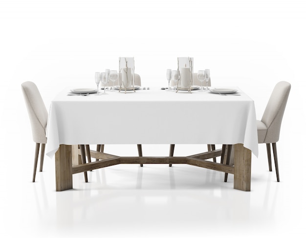 무료 PSD 식탁보, 식기 및 의자가있는 테이블