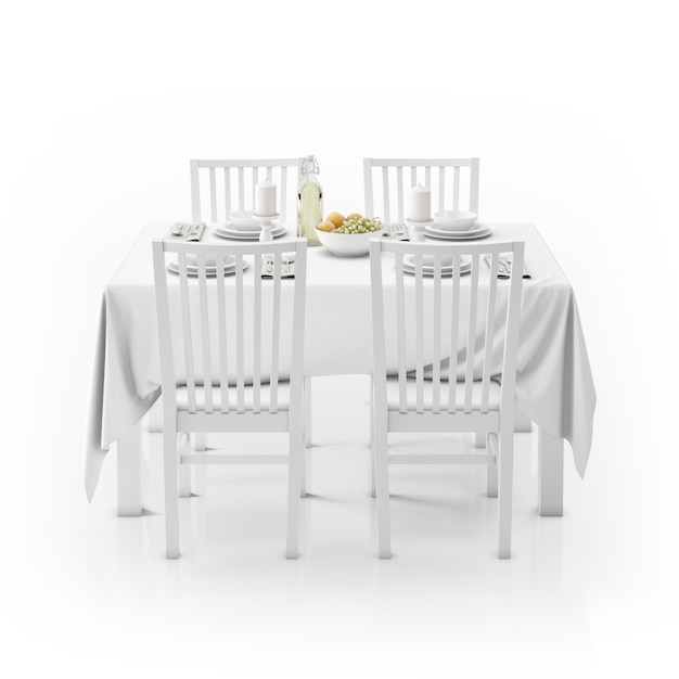 Table with tablecloth, dishware and chairs