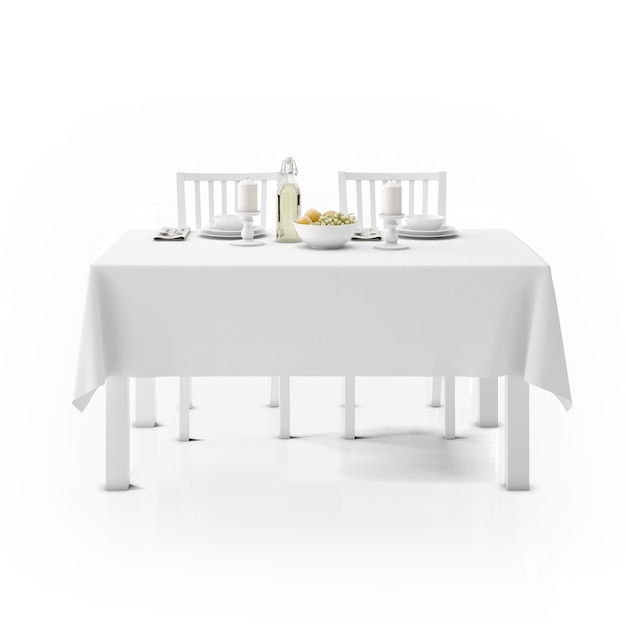 Table with tablecloth, dishware and chairs
