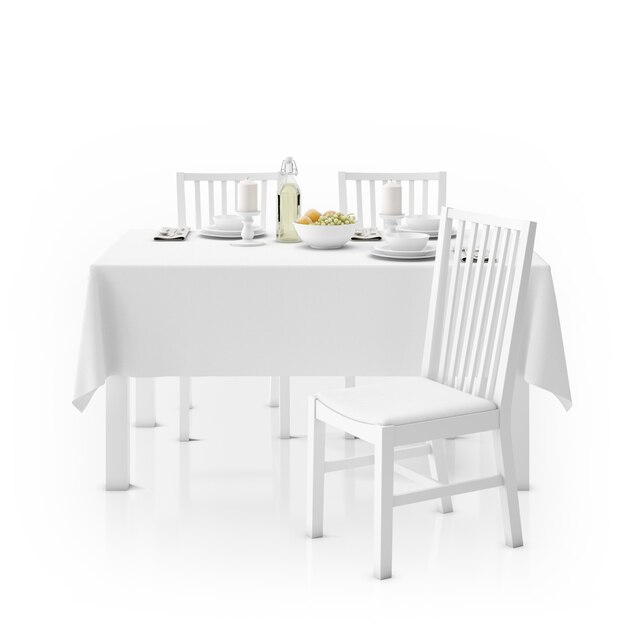 Table with tablecloth, dishware and chairs