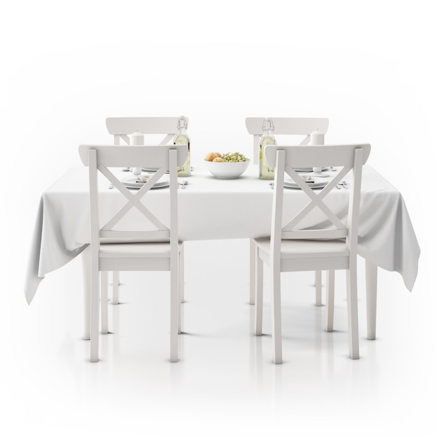 식탁보, 식기 및 의자가있는 테이블