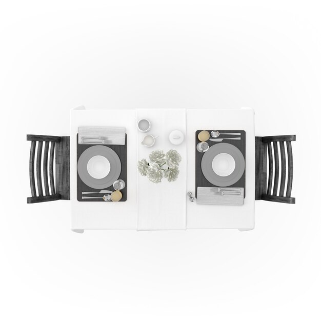 Table with tablecloth, dishware and chairs