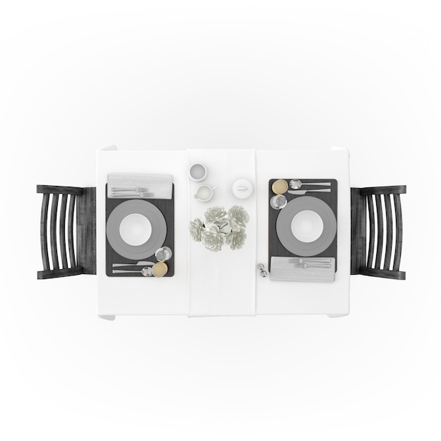 Table with tablecloth, dishware and chairs