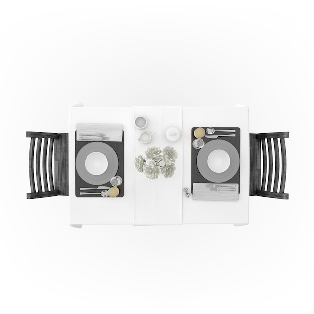 식탁보, 식기 및 의자가있는 테이블