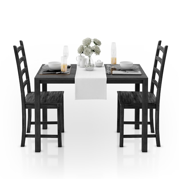 Table with tablecloth, dishware and chairs