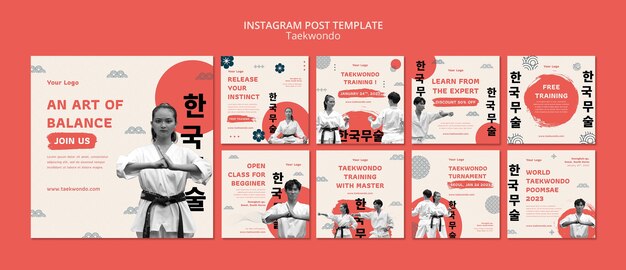 PSD gratuito set di post su instagram per la pratica del taekwondo