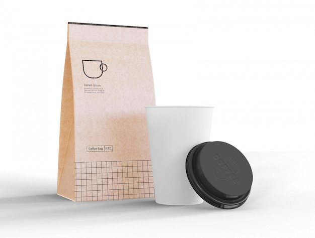 Take away coffee cup and paper bag mockup