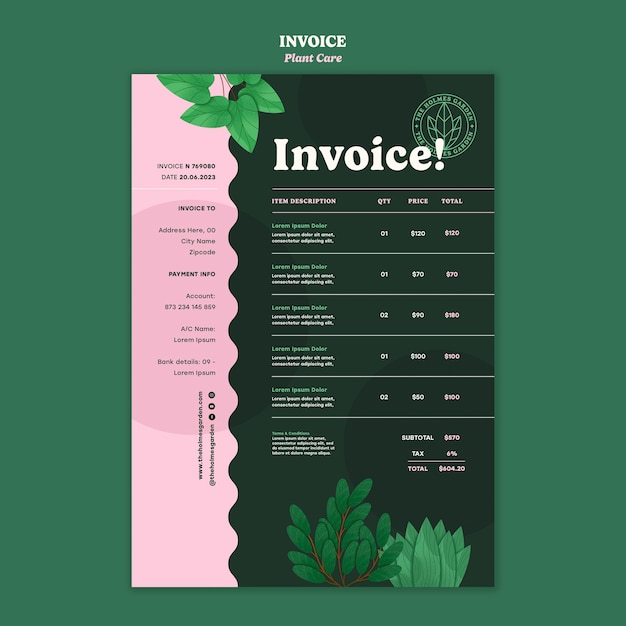 Free PSD taking care of plants  invoice template