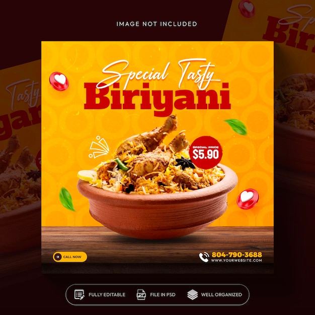 無料PSD tasty biryani food ソーシャルメディアのプロモーションとインスタグラムのバナーポストのテンプレートデザイン