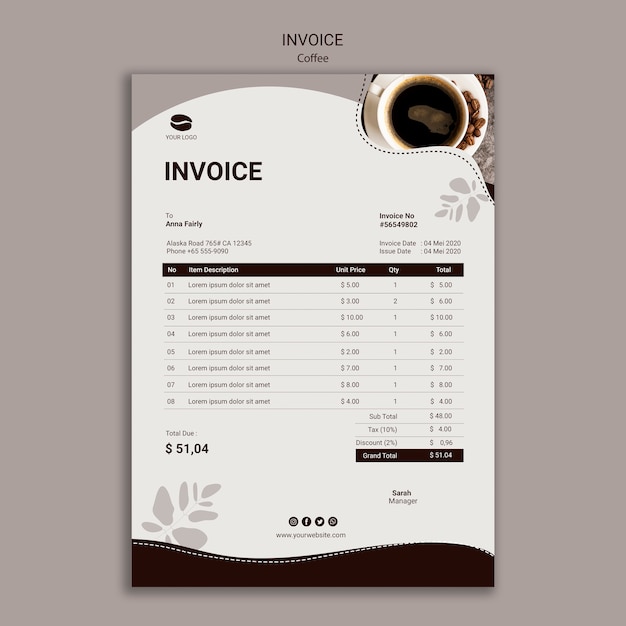 Free PSD tasty coffee invoice template