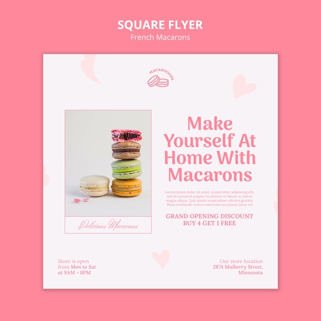 Free PSD tasty french macarons square flyer