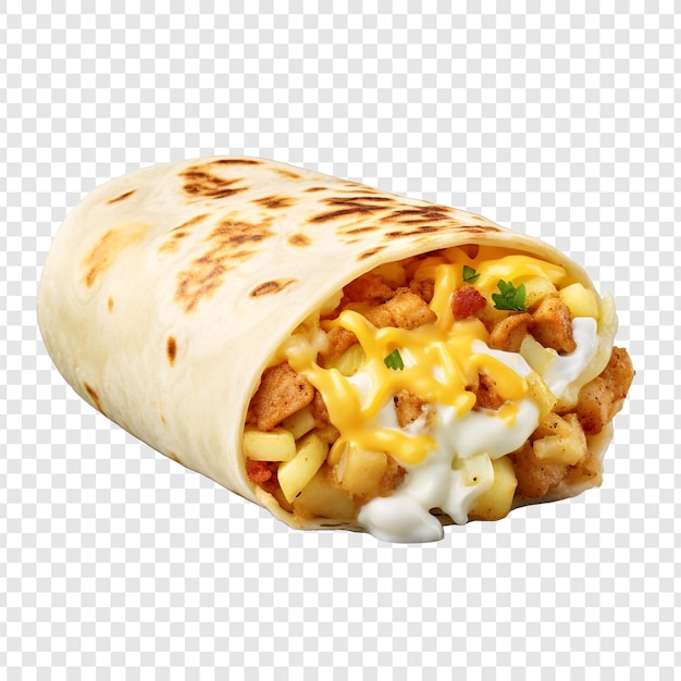 Tasty potato and egg breakfast burrito isolated on transparent background