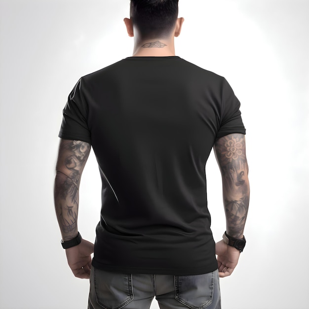 Tattooed man in black t shirt rear view