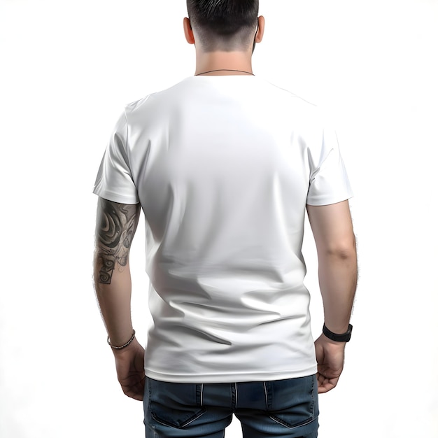 Tattooed man in white t shirt on white background