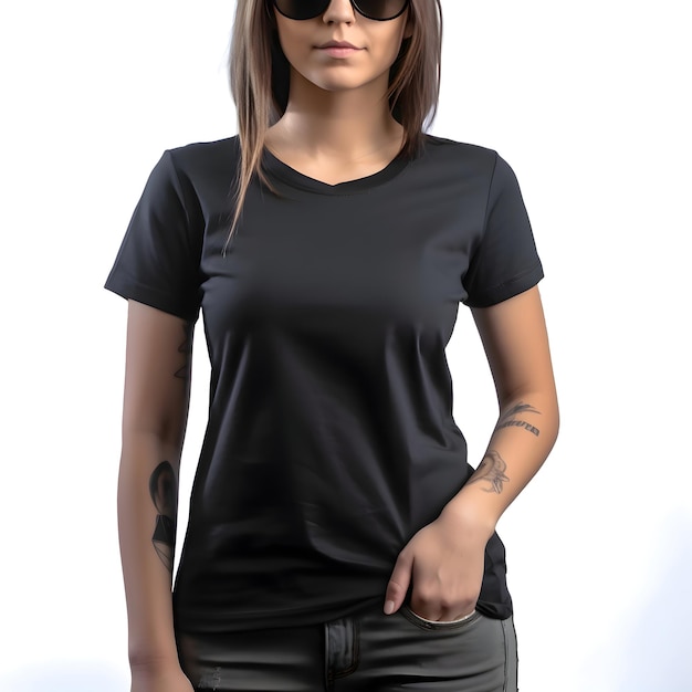 PSD gratuito donna tatuata con maglietta nera e occhiali da sole su sfondo bianco