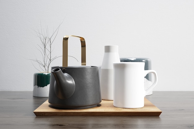 tea set on wooden tray