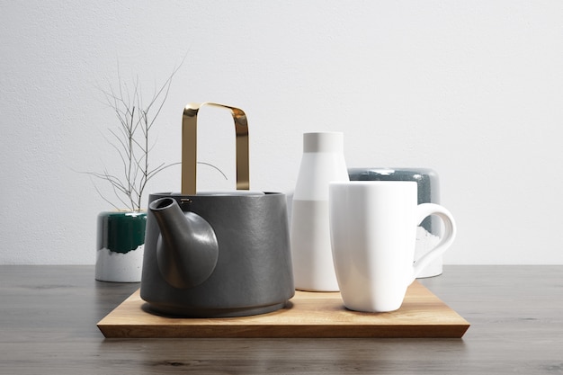 tea set on wooden tray