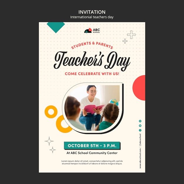 Free PSD teacher's day invitation template with geometric shapes