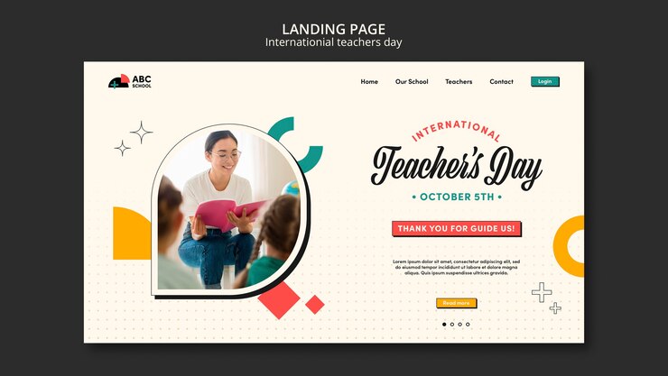 मुफ़्त PSD teacher's day landing page template with geometric shapes