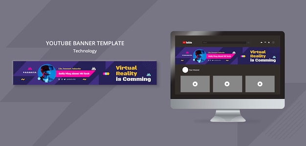 PSD gratuito progettazione del modello di banner di youtube di tecnologia