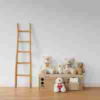 Free PSD teddy bear collection on wooden box and stairs