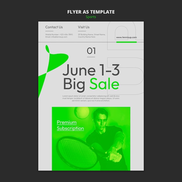 Free PSD tennis game vertical flyer template with neon green style