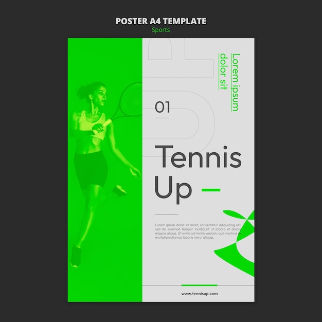 PSD gratuito modello di poster verticale di gioco di tennis con stile verde neon