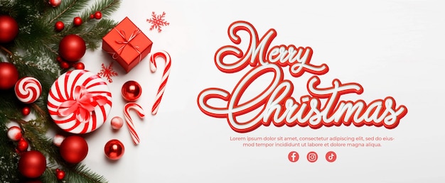 Free PSD text banner with merry christmas in comic effect on christmas with fir branches and red balls