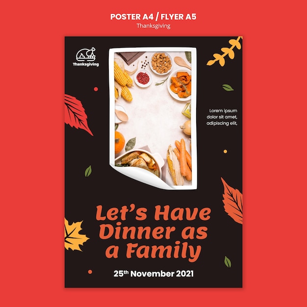 Free PSD thanksgiving day poster template with autumn leaves