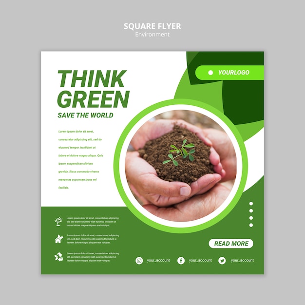 Бесплатный PSD Подумайте зеленый квадрат шаблон флаера