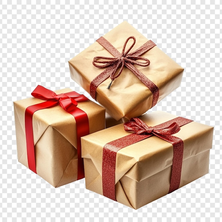 Free PSD three beautifully wrapped gifts with red and gold ribbons