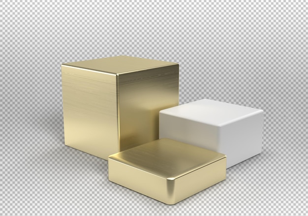 Three cube podiums in gold and white