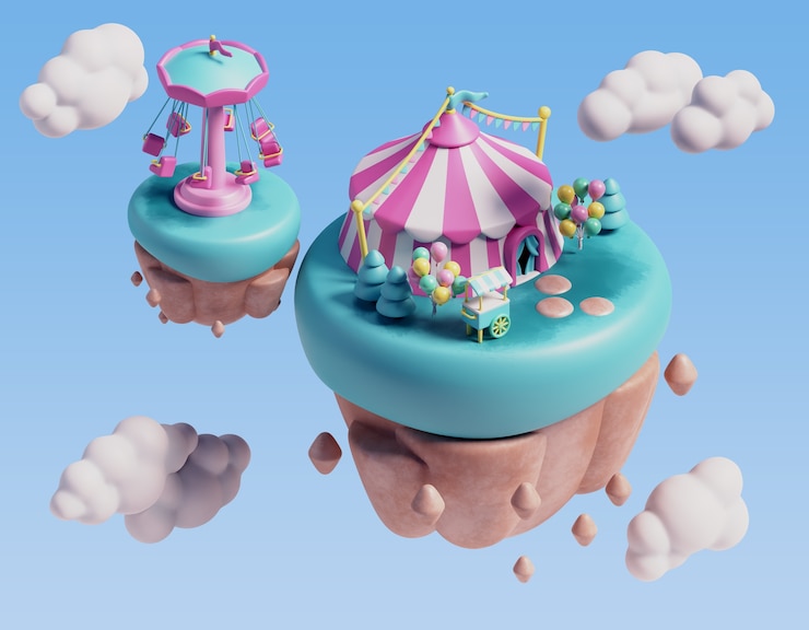 無料PSD 風景が浮かぶ遊園地のシーンの立体イラスト