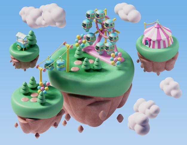 Three dimensional illustration for amusement park scene with floating landscape