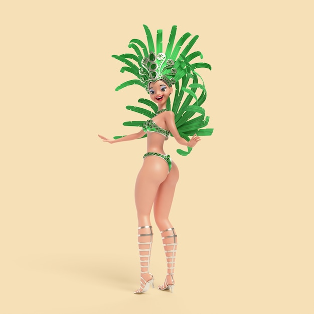 Three-dimensional illustration of brazilian female samba dancer character in costume