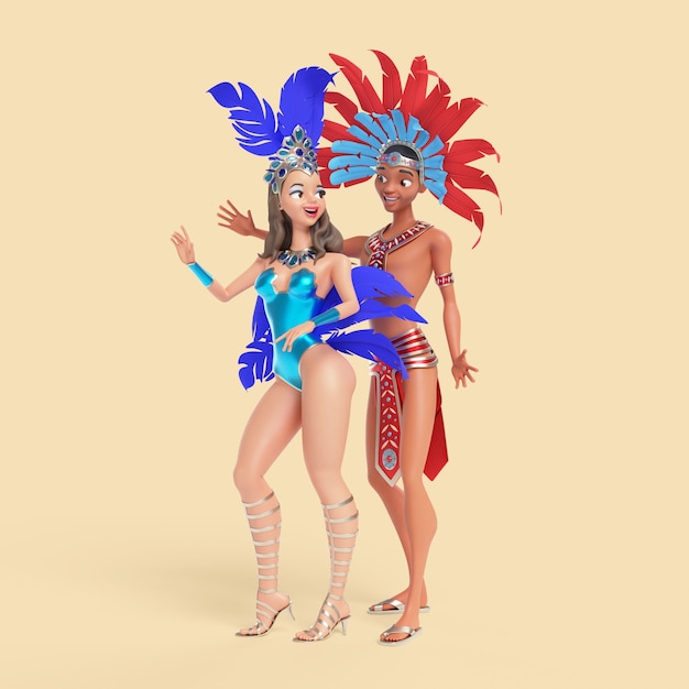 Three-dimensional illustration of brazilian male and female samba dancer characters in costumes