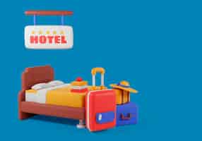 PSD gratuito illustrazione tridimensionale per la scena dell'hotel con un letto e bagagli