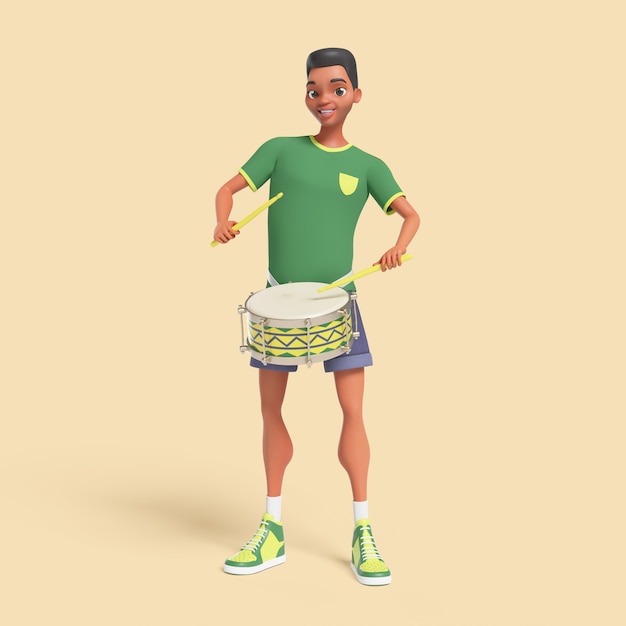 無料PSD 太鼓を持つブラジル人男性サンバダンサーのキャラクターの立体イラスト