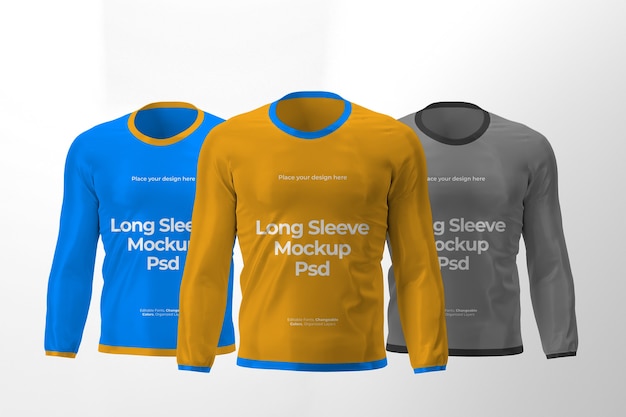 Three isolated long sleeve t-shirts mockup design