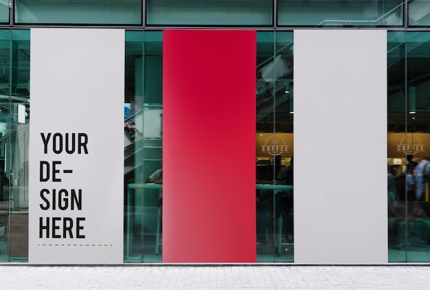 Three large banner mockups in front of a coffee shop