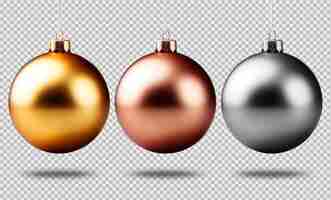 Free PSD three metallic christmas balls hanging isolated on a transparent background