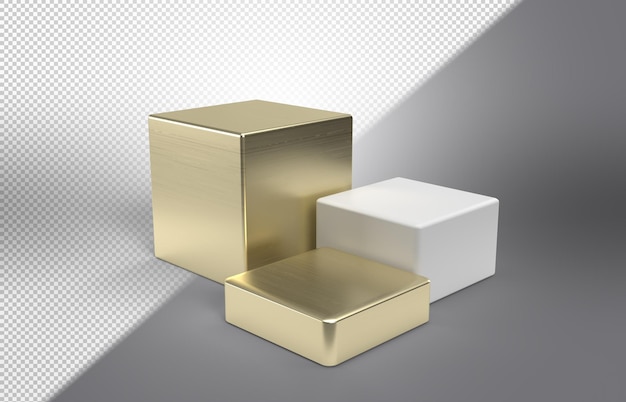 Free PSD three minimalist podiums in gold and white on a light background